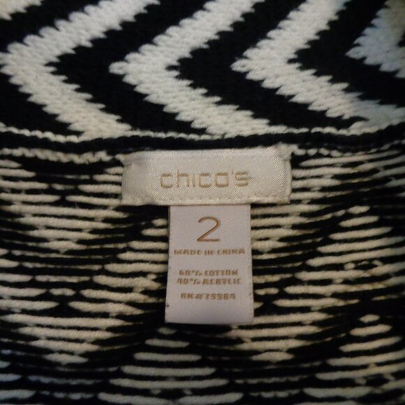 CHICO'S Open Front Cardigan Black White Chevron Pockets‎ Cotton Sweater Sz 2 (M) - Picture 3 of 6
